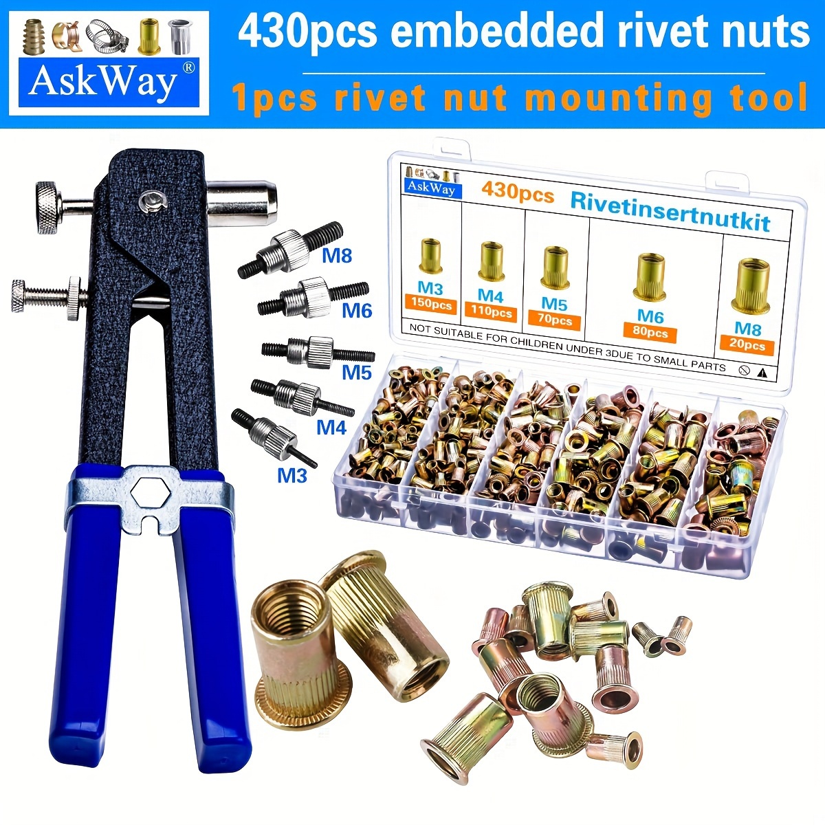 

[top-] Rivet Nut Tool Combination Kit, 430pcs Steel Rivet Nut Nut, 1pc Installation Tool, Suitable For , Metal , Household Appliances And Applications