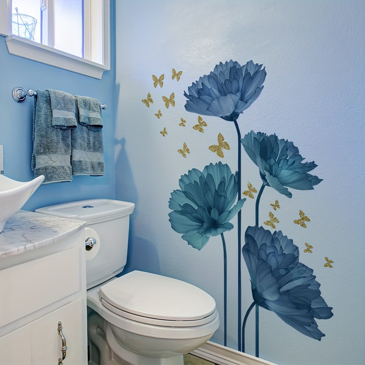 

2pcs/set Blue Floral , Pvc Bathroom Decorative Stickers, Washroom Bathtub Home Art Decor, Aesthetic Home Decoration, Room Decor, Beautify Your Home