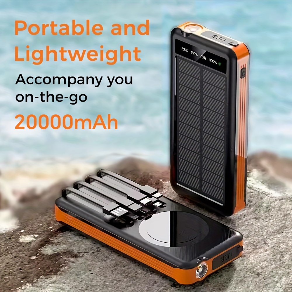 

20000mah Portable Mobile Power Supply, Emergency Mobile Phone Charging, Solar Charging Bank, Newly Upgraded With Charging Cable, Can Charge Multiple Devices At Time, With Outdoor Night Lights