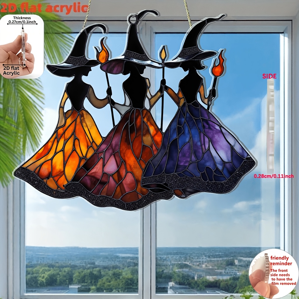 TEMU Adorno colgante 2D de acrílico con diseño de tríada de brujas, para colgar en ventanas, ideal para decoración interior/exterior, adornos