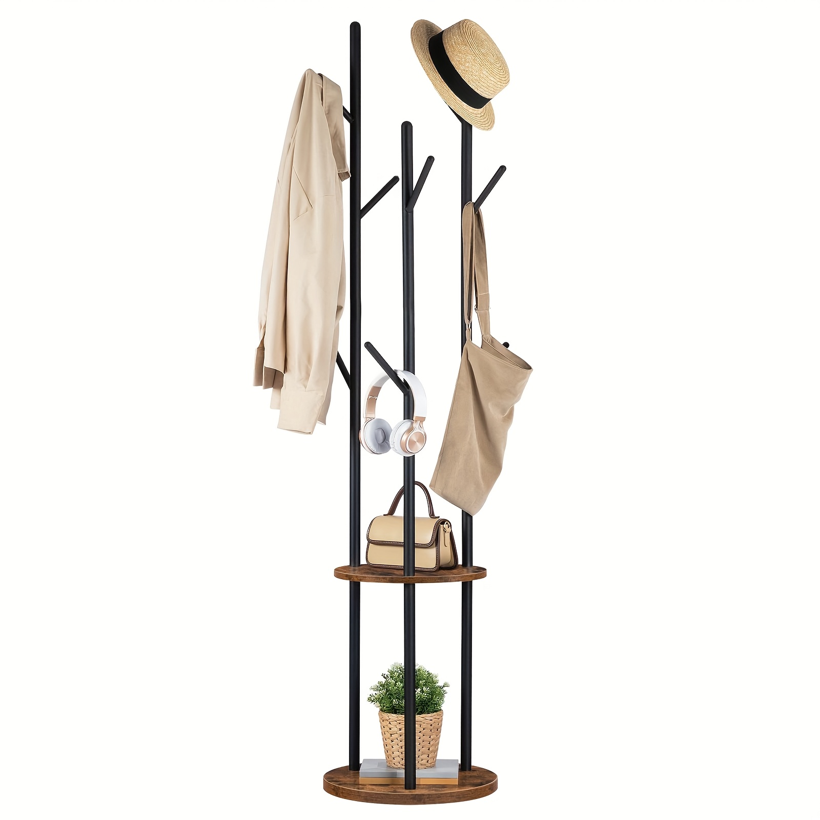 Coat Stand, Coat Rack For Hallway, Freestanding Coat Rack Stand With 8 Hooks, Storage Shelves, Hall Trees For Clothes, Rustic Brown