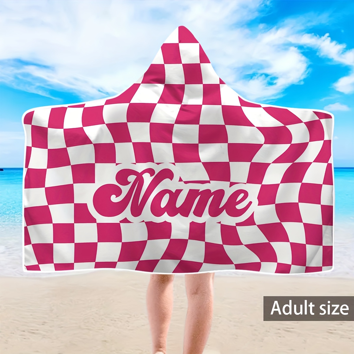 TEMU Customize 1pc Name Personalized Custom Adult Hooded Beach Towel, Colorful Checkerboard Deformation Printed Hooded Beach Towel, Microfiber