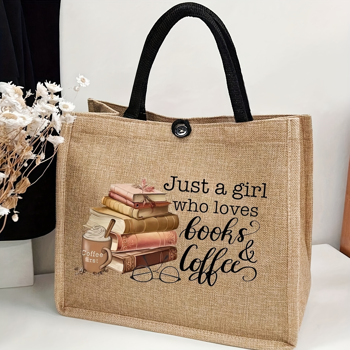 

Books & Coffee Linen Tote Bag For Women - Large Capacity Polyester Tote With Closure, Funny Printed Unlined Book Lover Shoulder Bag, Teachers And Graduation Gifts