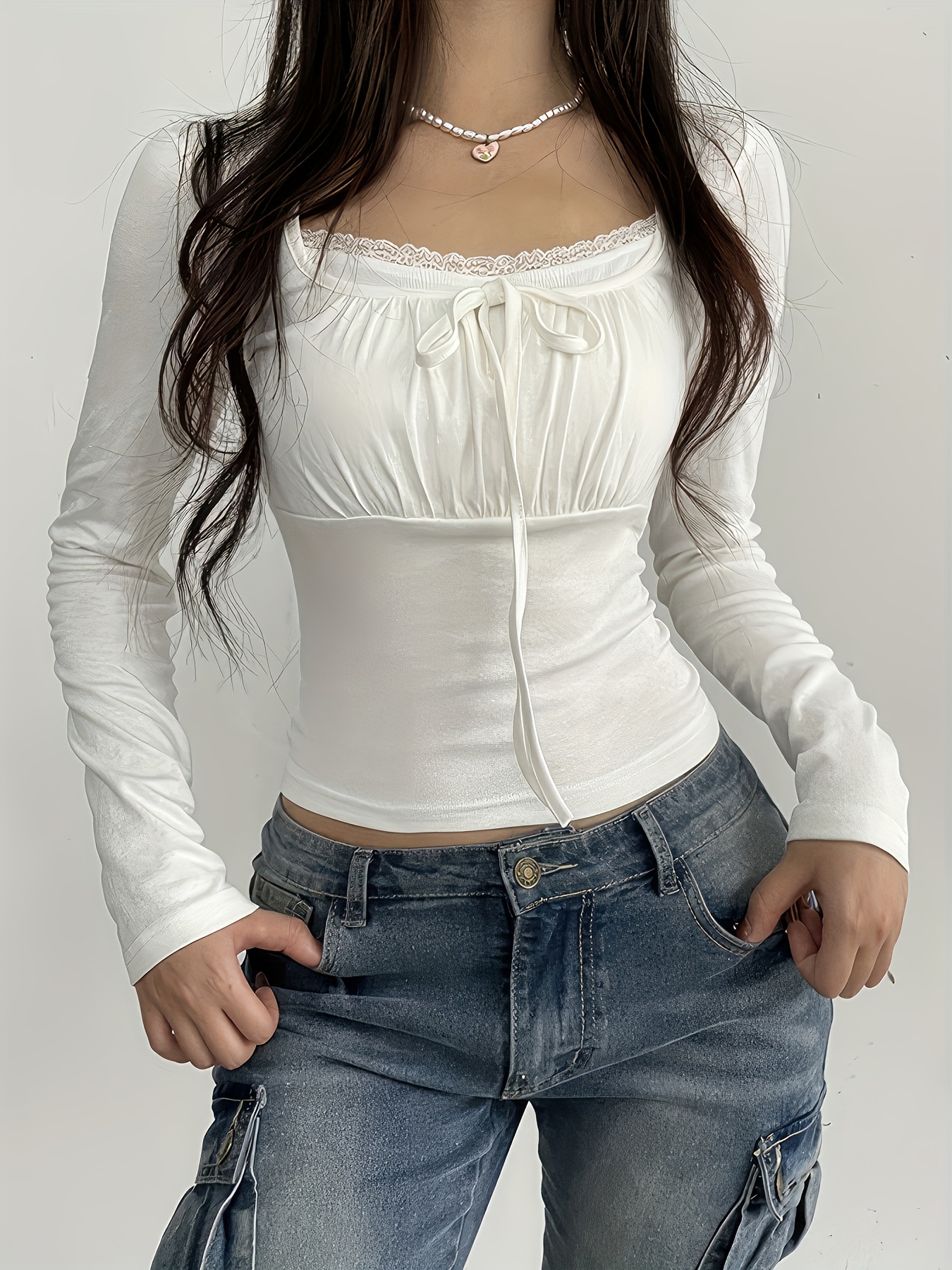 품목 사진 모노크롬 대비 레이스 티셔츠, y2k 리본 프론트 플리츠 긴팔 티셔츠, 가을 겨울용 여성 의류, 귀여운/매혹적인 스타일