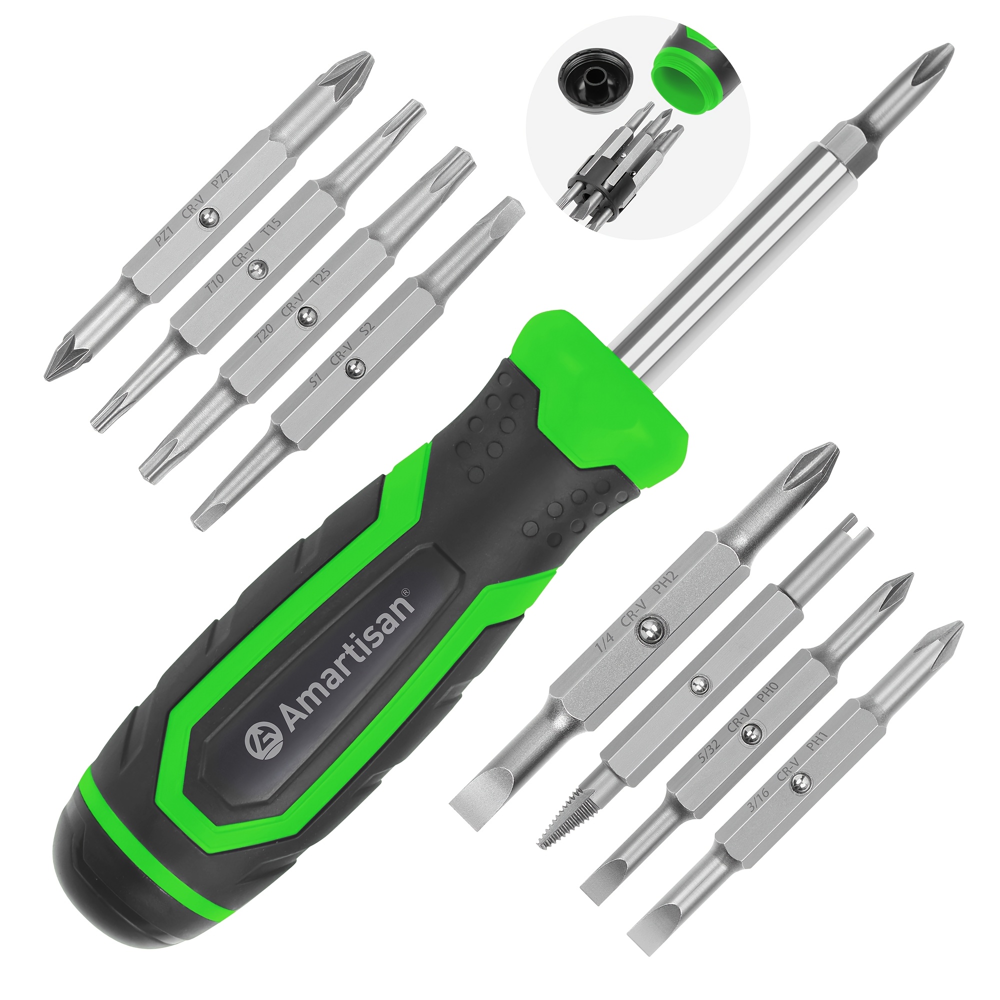 TEMU 18-in-1 Screwdriver Set With Integrated Tools (green), Portable Screwdriver, With Flat/ Phillips/ Slotted/ Torx/ Square Bits, 18 Types Of Bits