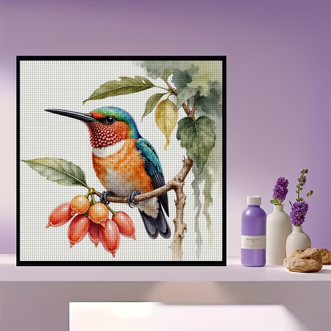 Frameless Cross Stitch Printed Kit, "Colorful Birds Perching on Branches" Pattern