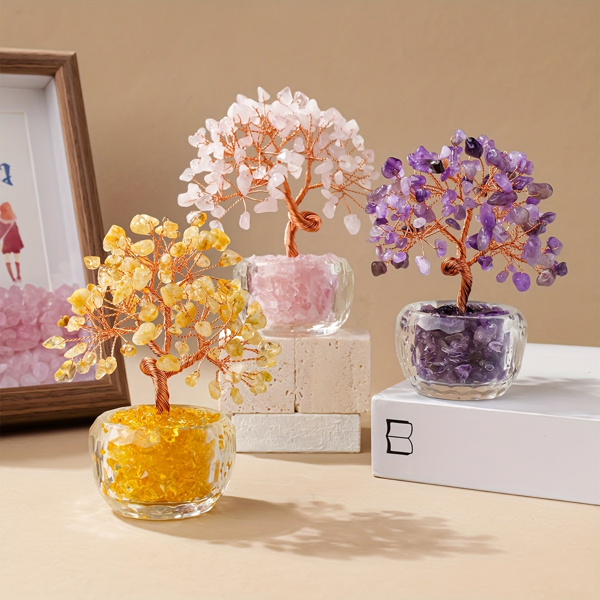 Jovivi Erdbeerquarz-Kristallbaum – Geldbaum Auf Fluorit-Basis, Ca. 12–13 Cm – Für Feng Shui, Glück, Deko