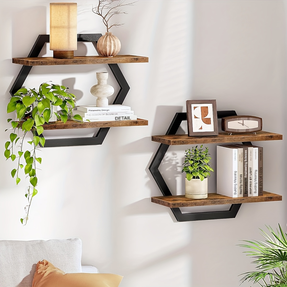 A Set Of 2 Hexagonal Wall Mounted Wooden Shelves, Retro Country Style Double-layer Wall Storage Rack