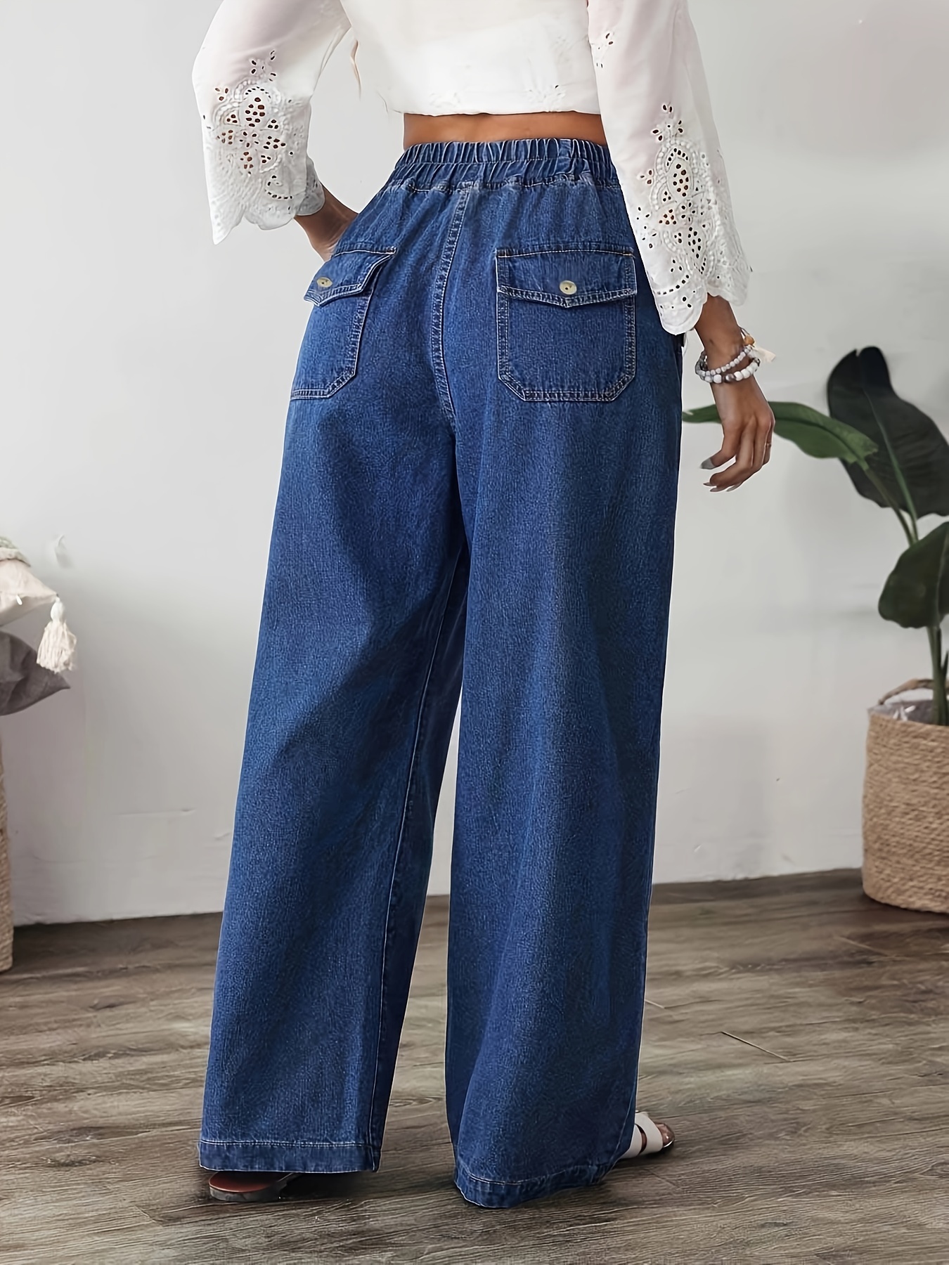 Women's Elegant Straight-Leg Jeans with Elastic Waistband - Casual Denim Pants, Machine Washable, Non-See-Through