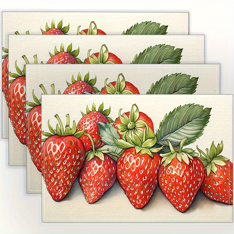 

4pcs Placemats, Strawberry Pattern Linen Placemats, Household Reusable Cute Placemats, Dining Decor, Party Decor, For Restaurant, Kitchen, Dinning Room And Hotel, Home Supplies
