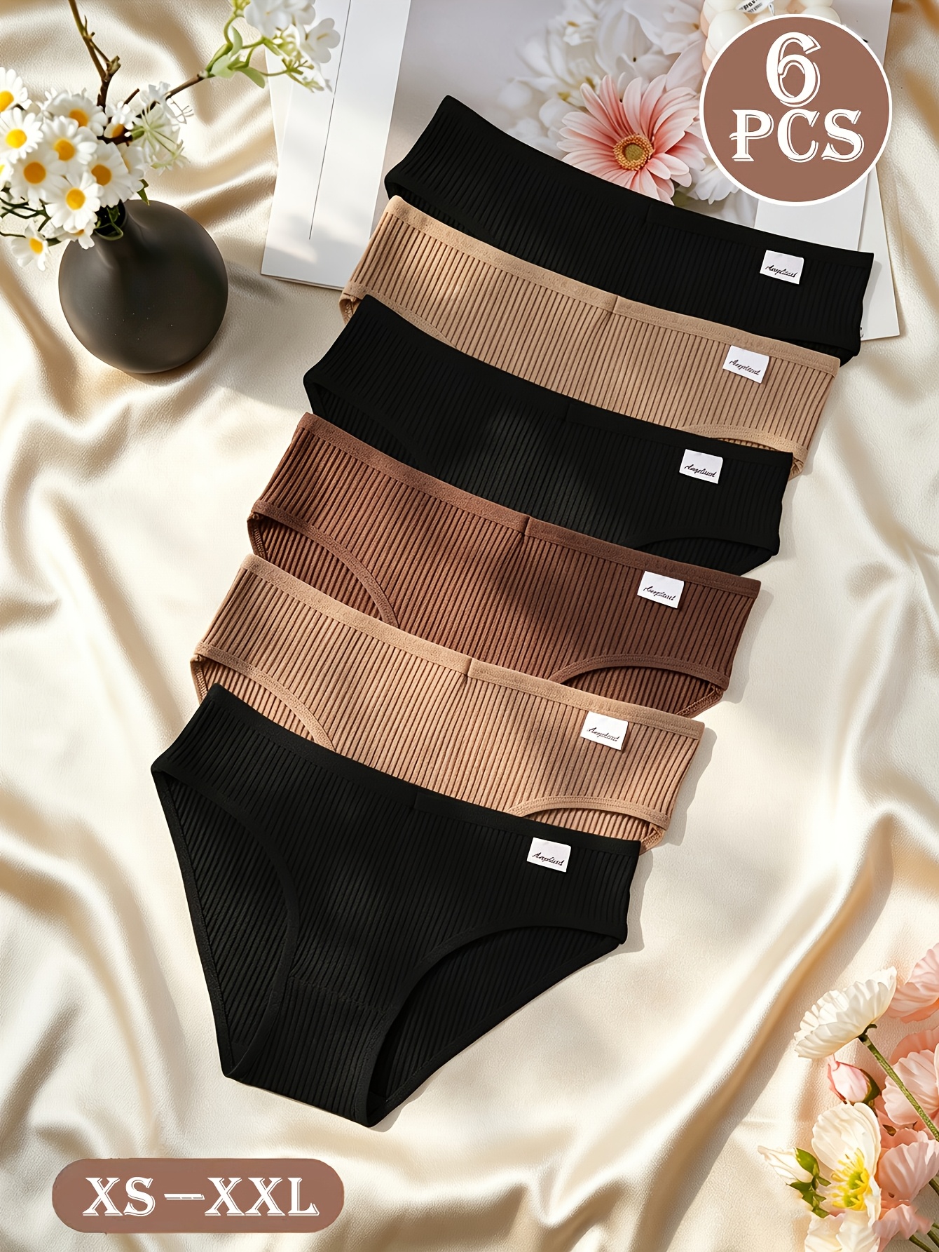 imagem do item conjunto de 6 cuecas de cintura   com nervuras para mulher, cuecas elásticas   e respiráveis, sem costuras,   confortável que não sobressai, roupa interior casual diária para  , tamanhos xs-xxl