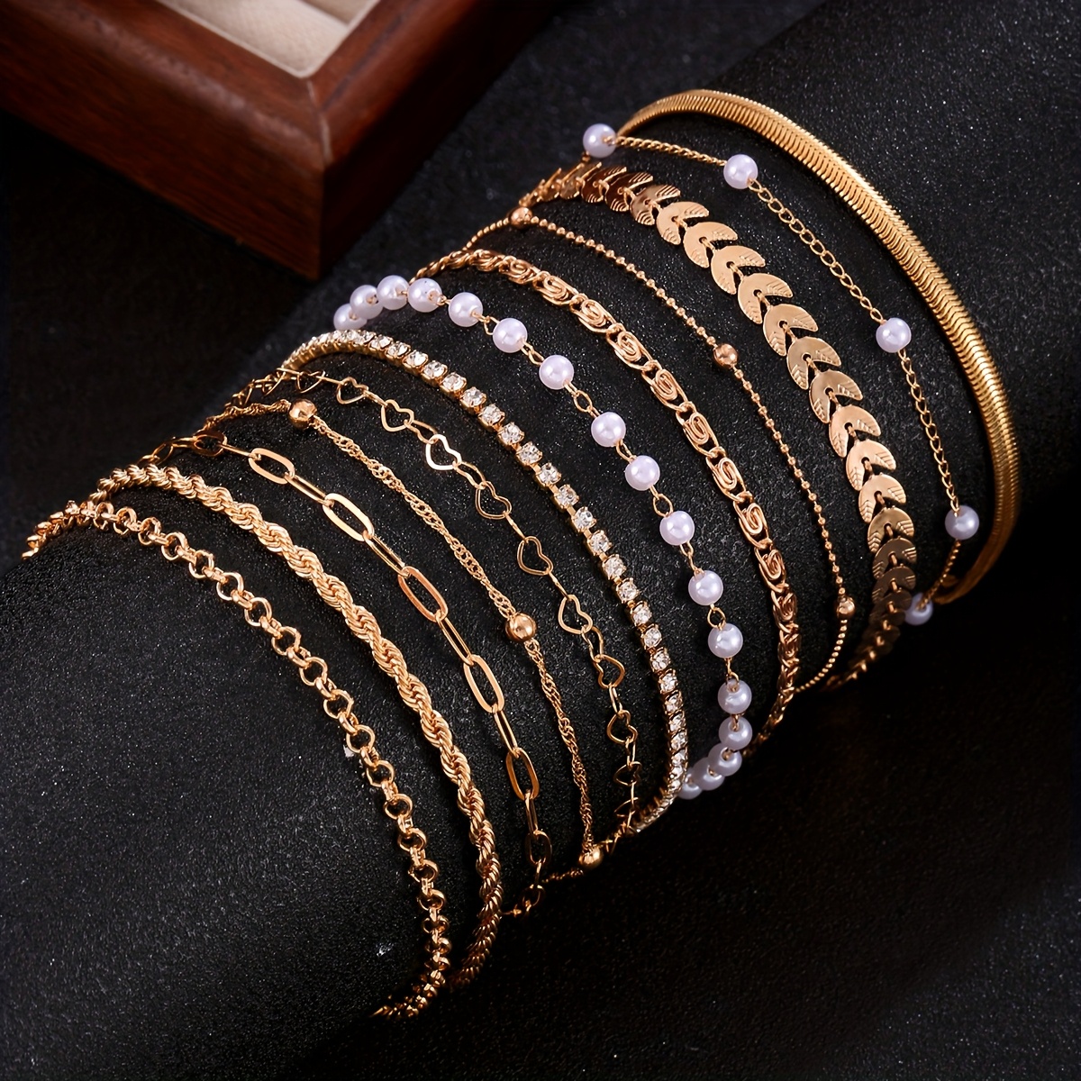 12pcs Elegant Faux Wheat Chain Multi-Layer Bracelet Set with Rhinestones