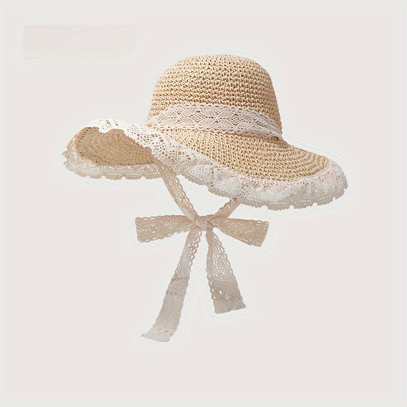 

Women's Breathable Sun Hat, Summer Beach Travel Straw Hat With Decorative Lace Ribbon, Wide-brim Uv Protection Floppy Sunshade Hat