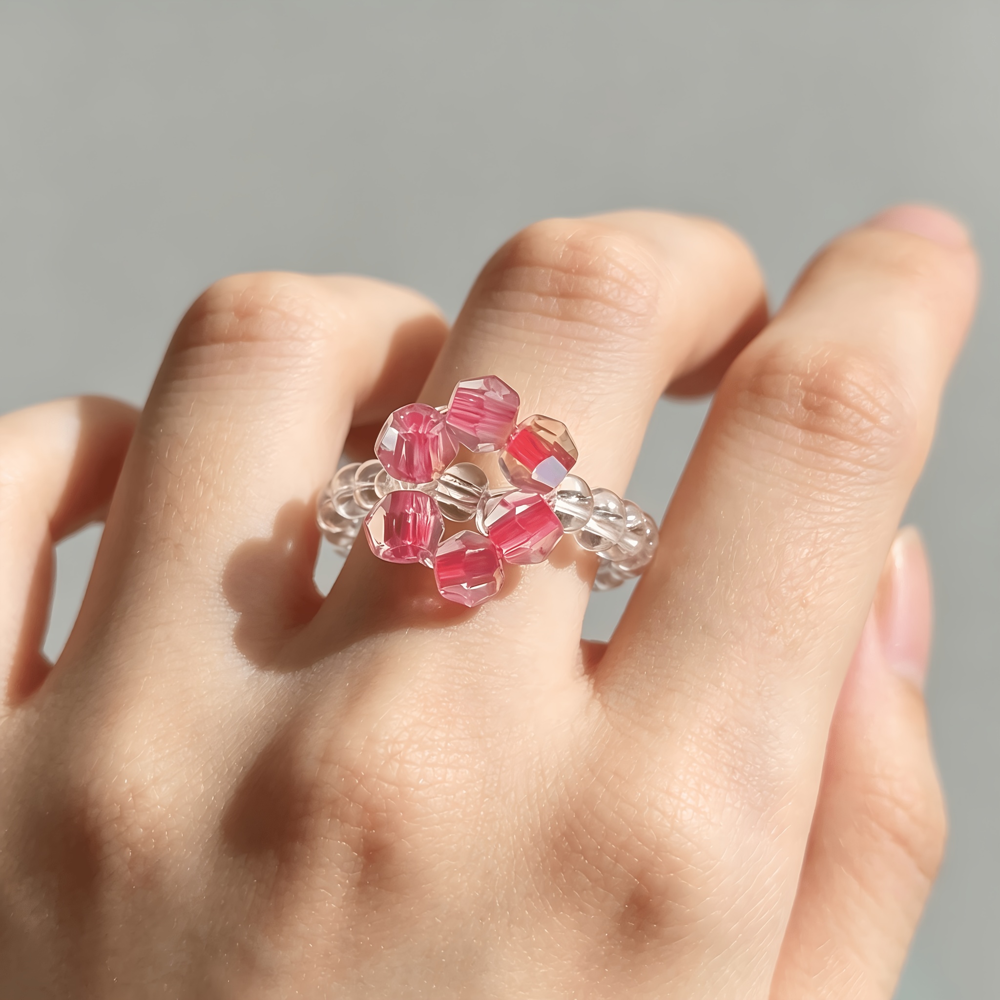 Women's Adjustable Elastic Cord Flower Shape Ring with Crystal