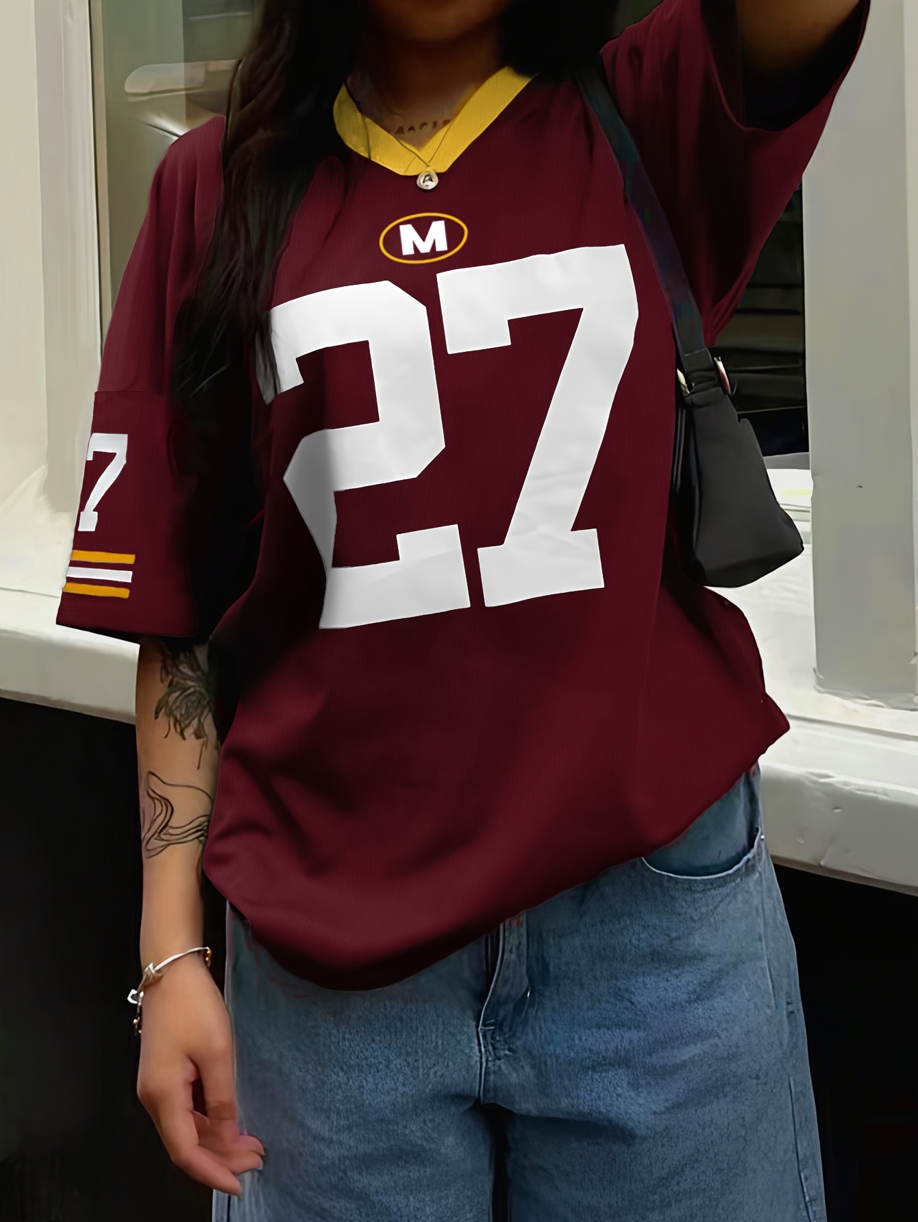 Women's V-Neck Short Sleeve Casual Letter & Number Print Loose Comfort Fashion T-Shirt - Maroon with Golden Accents, Lightweight Polyester, Perfect for Summer Style, Summer Tshirt | Casual Fashion | Polyester Fabric, Ladies T Shirts