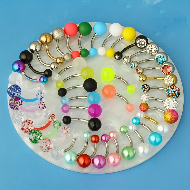 TEMU 42pcs 14g Stainless Steel Belly Button Rings For Women - Elegant Cz Screw Bars, Boho Style Body Piercing Jewelry, All-fit , Party Occasion Belly