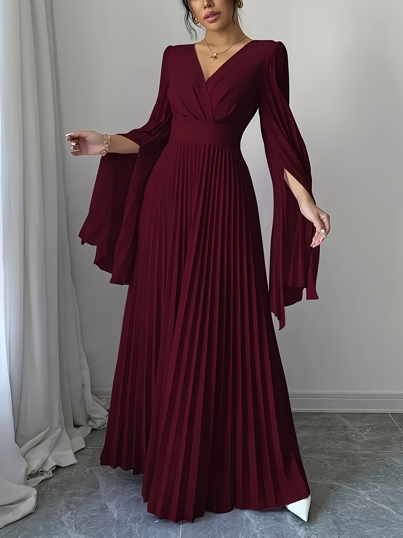 elegant long sleeve solid color evening dress daily wear - Temu