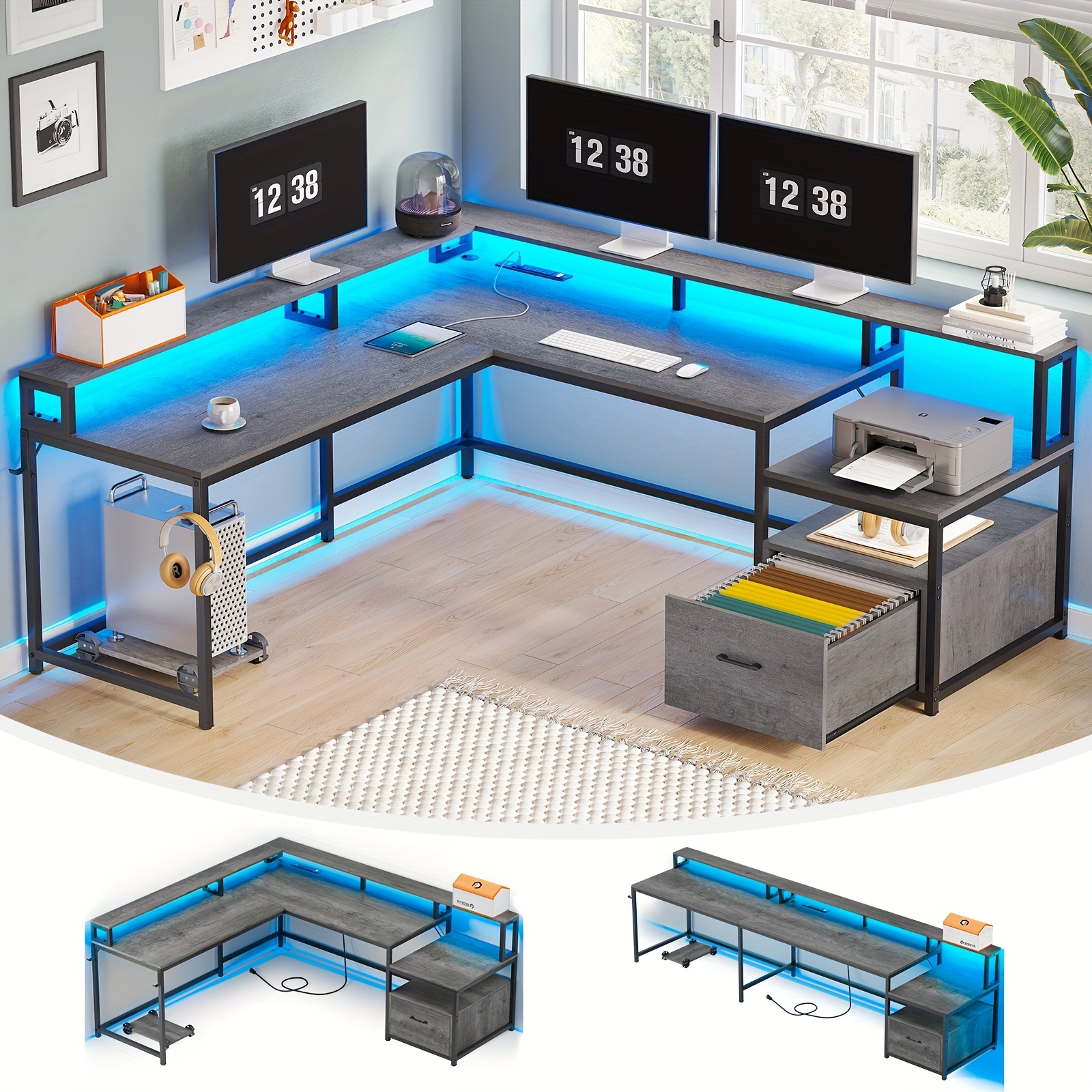 

Reversible Office Desk With Led Lights & Charging Station, L-shaped Computer Desk With Monitor Stand For Bedroom, Dark Gray For Restaurant