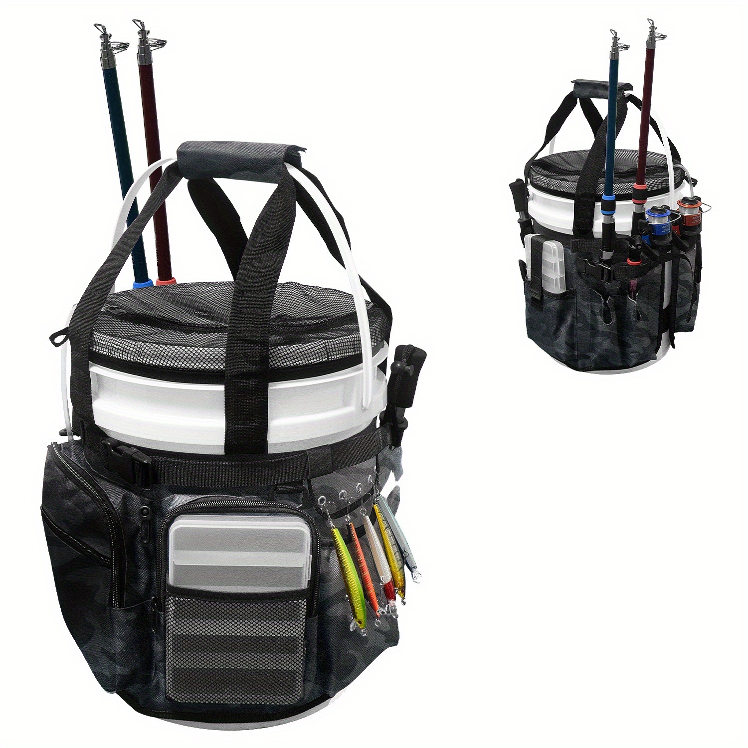TEMU 5 Gallon Fishing Bucket Organizer With Bucket Cover, Outdoor Ice Fishing Tackle Bag With Rod & Plier Holder, Multi-pockets For 5 Gallon Bucket Fishing Gear & Accessories