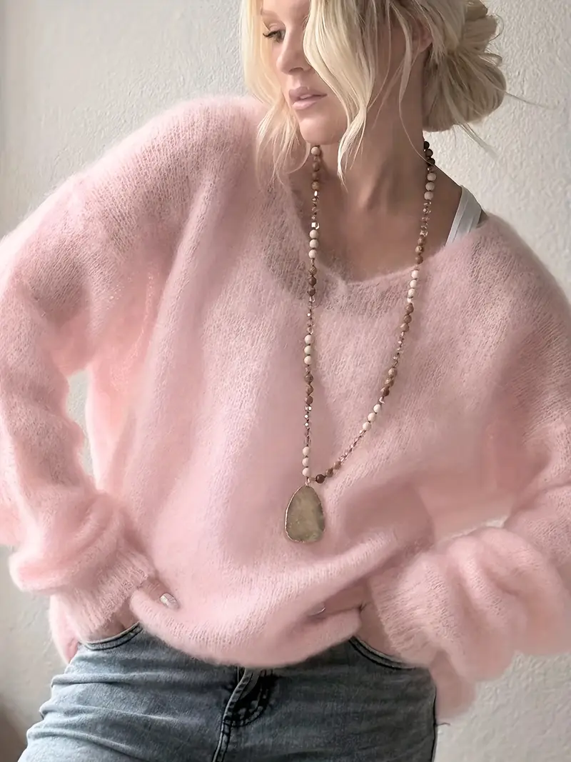 womens soft v neck pullover sweater casual long sleeve top with eyelet detail light pink loose fit for apparel relaxed construction ladies sweaters 0