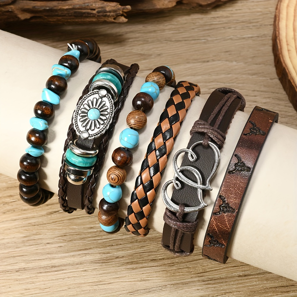 24pcs conjunto de pulseras bohemias de cuero sinttico y  , trenzado multilayer con plumas y charms florales, joyera de moda unisex para uso   5