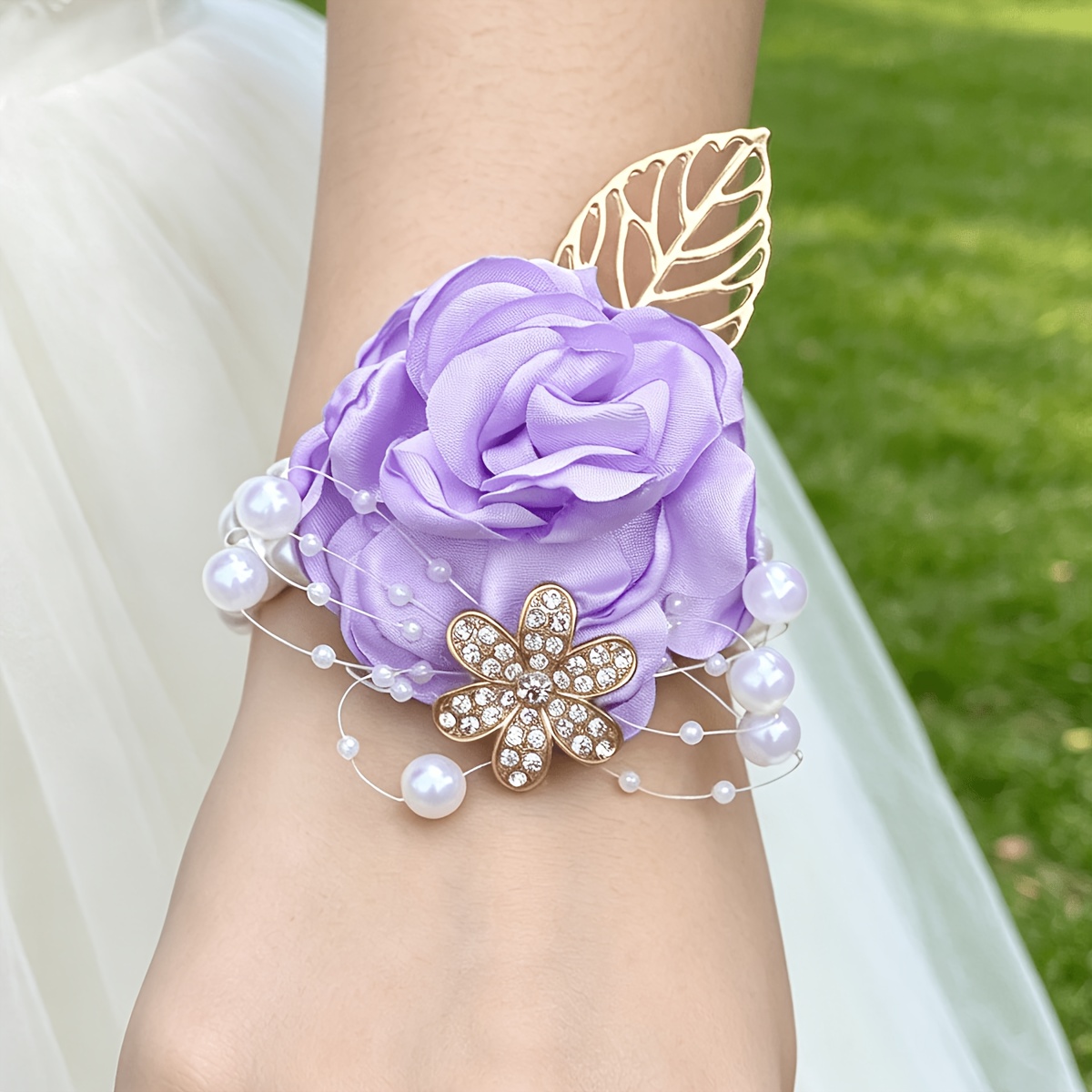 TEMU 1pc Light Purple Artificial Fabric Rose Bride Bridesmaid Wedding Wrist Flower Rhinestone Bead Decoration Elastic Pearl Hand Flower Suitable For