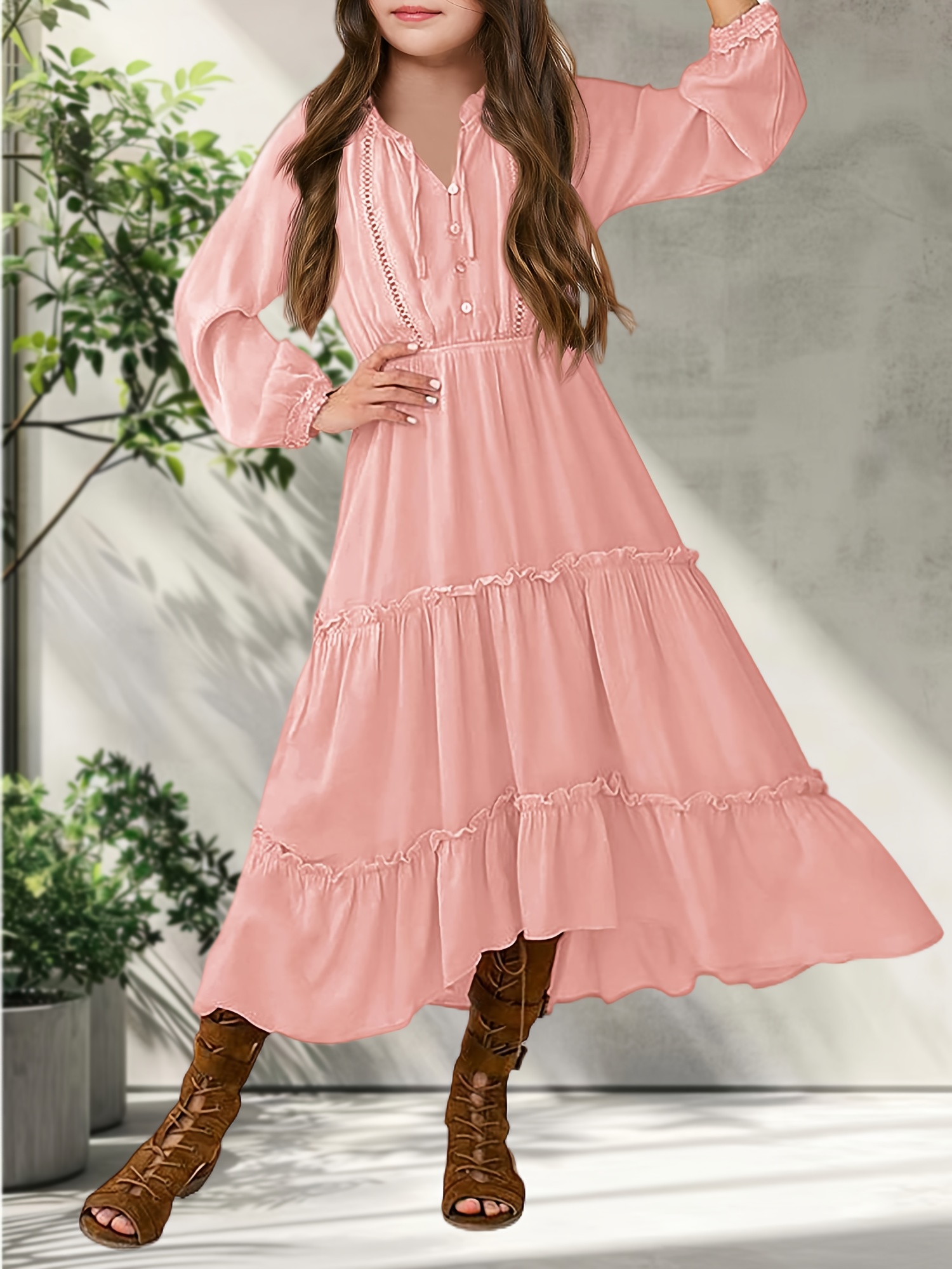 girls long sleeve ruffle dress tiered v neck maxi raglan - Temu