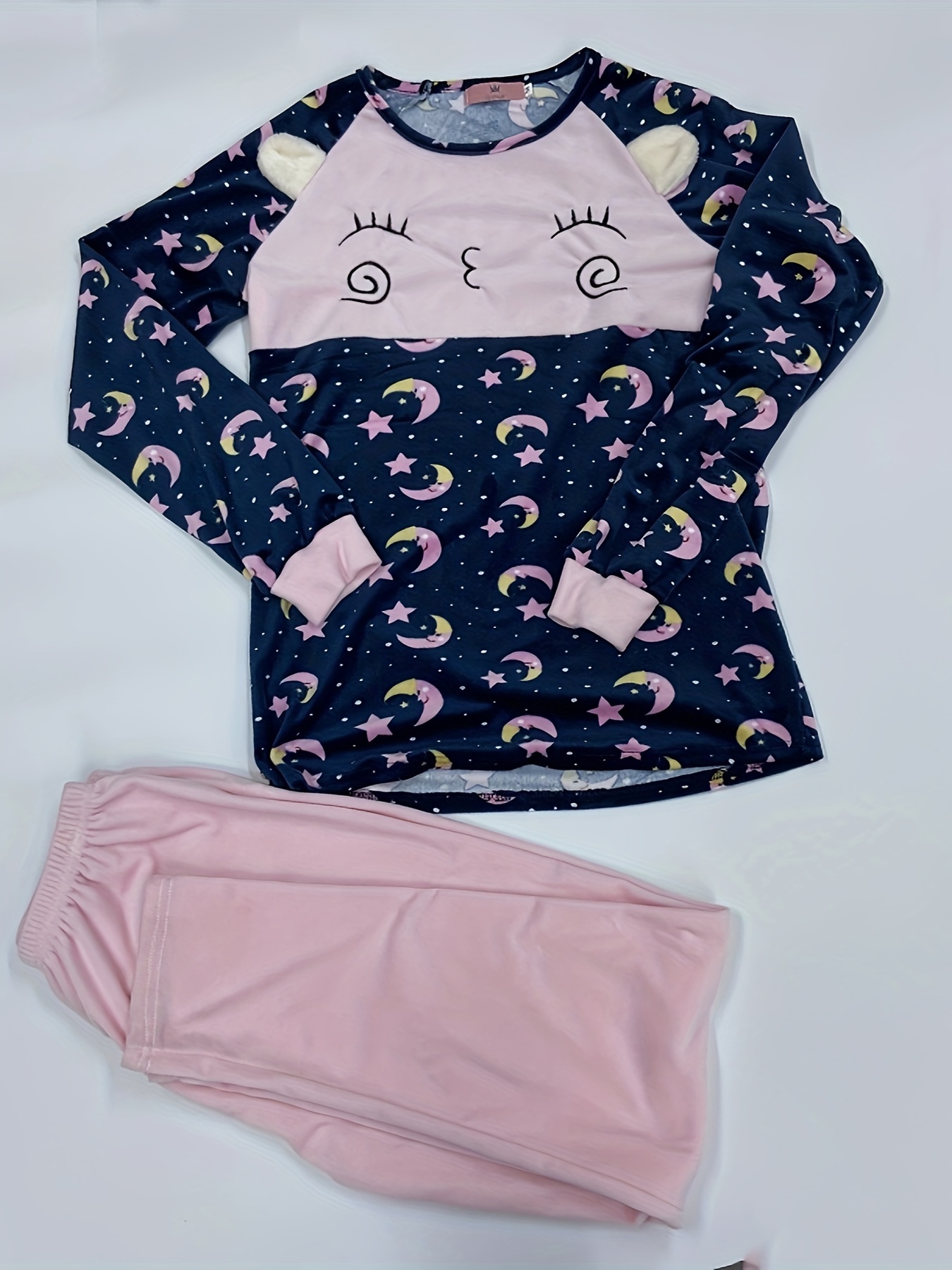Casual Star Moon Print Velvet Pajama Set Long Sleeve Crew - Temu