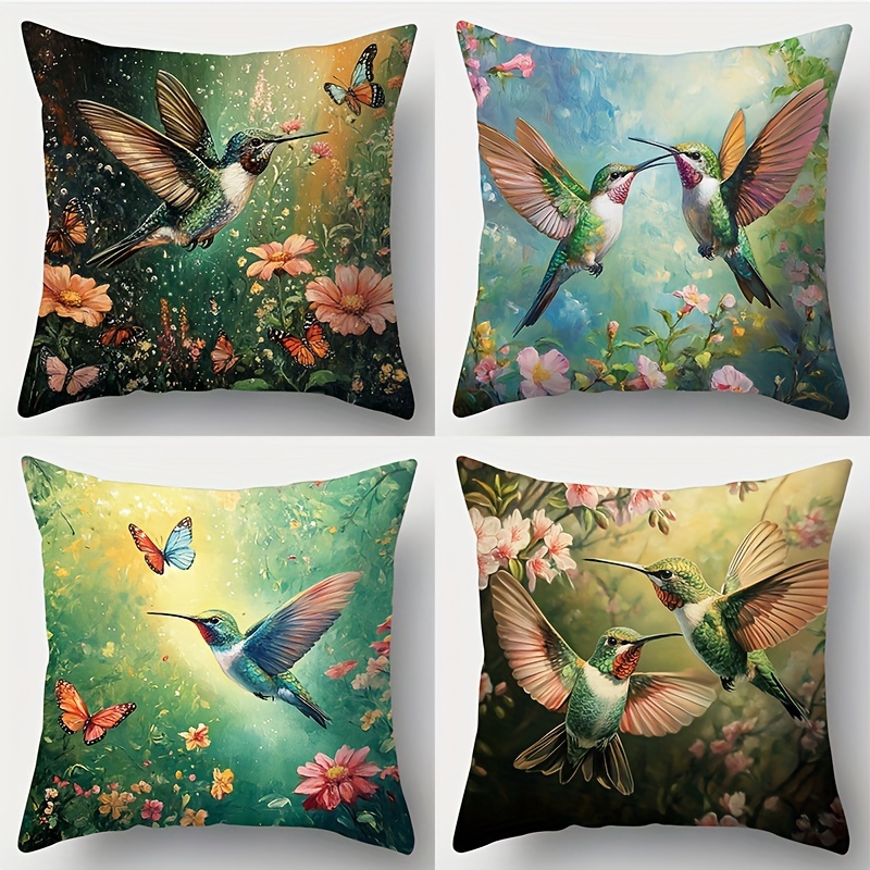 

4-pack Hummingbird Throw Pillow Covers 18x18 Inch, Contemporary Polyester Zippered Pillowcases For Sofa And Bedroom Decor, Woven Floral & Butterfly Print, Hand Wash, Cushion Not Included