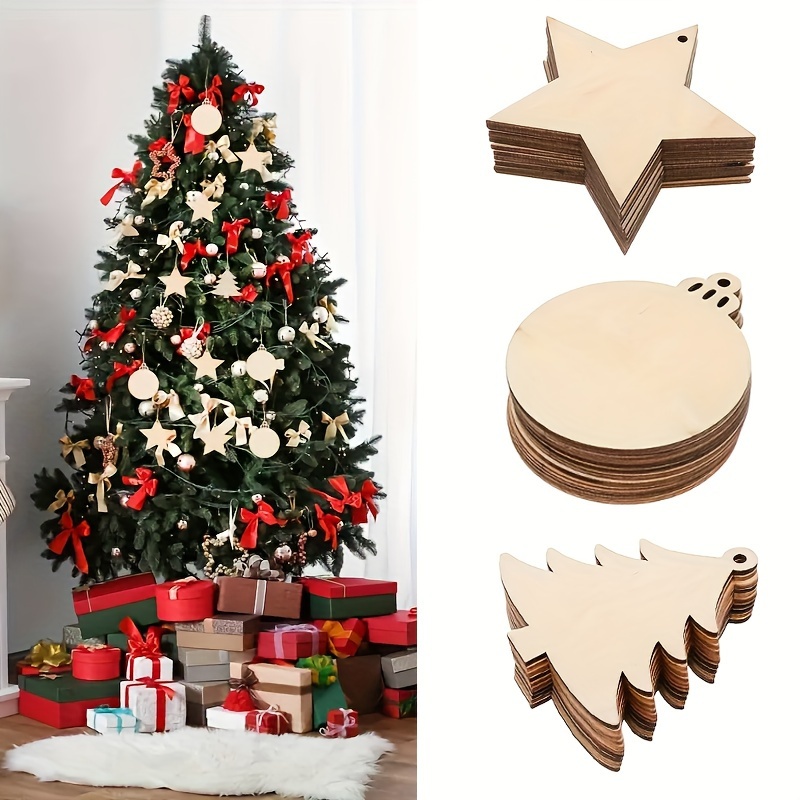 

30pcs Christmas Wooden Ornaments - Diy Craft Pendants For Tree Decoration, Includes Trees, Balls & Stars - Holiday & Thanksgiving Winter Decor