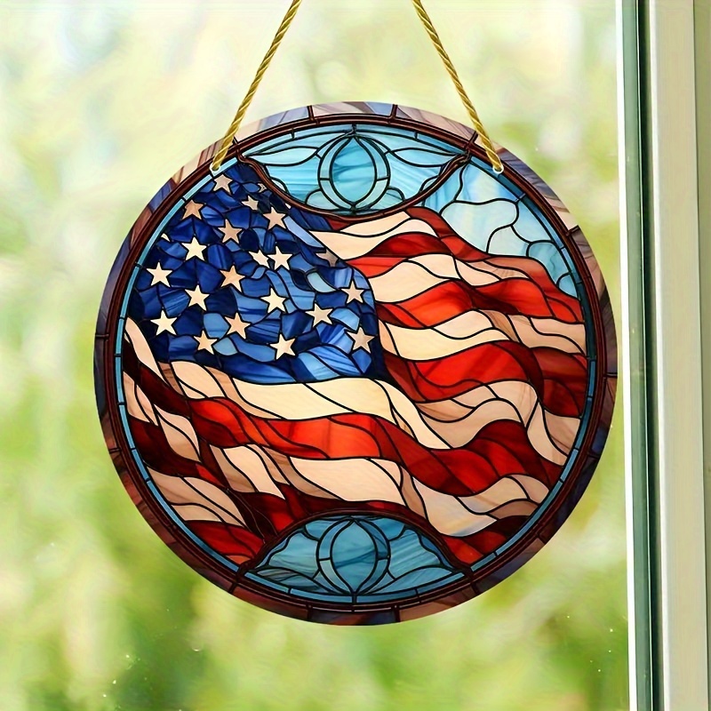 

1pc American Flag Round Acrylic Suncatcher - Patriotic Stained Glass-style Hanging Ornament With Lanyard, ( 4th) Celebrations, Window, Porch & Wall Decor, Decorations