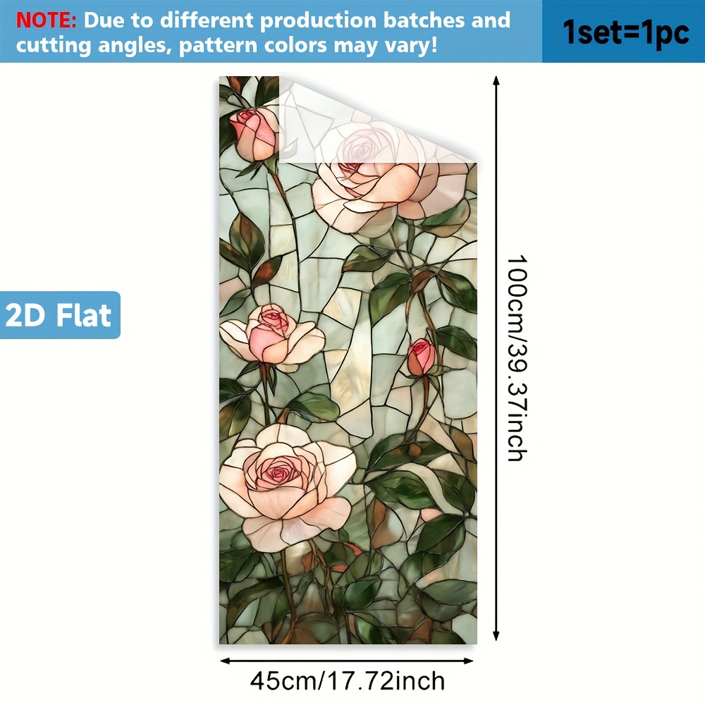 TEMU 2d Flat, 1pc Elegant Rose Stained Glass Window Film Suitable For - Static Cling Removable & Pvc Glass Cover, No Glue/adhesive, Install, Ornate