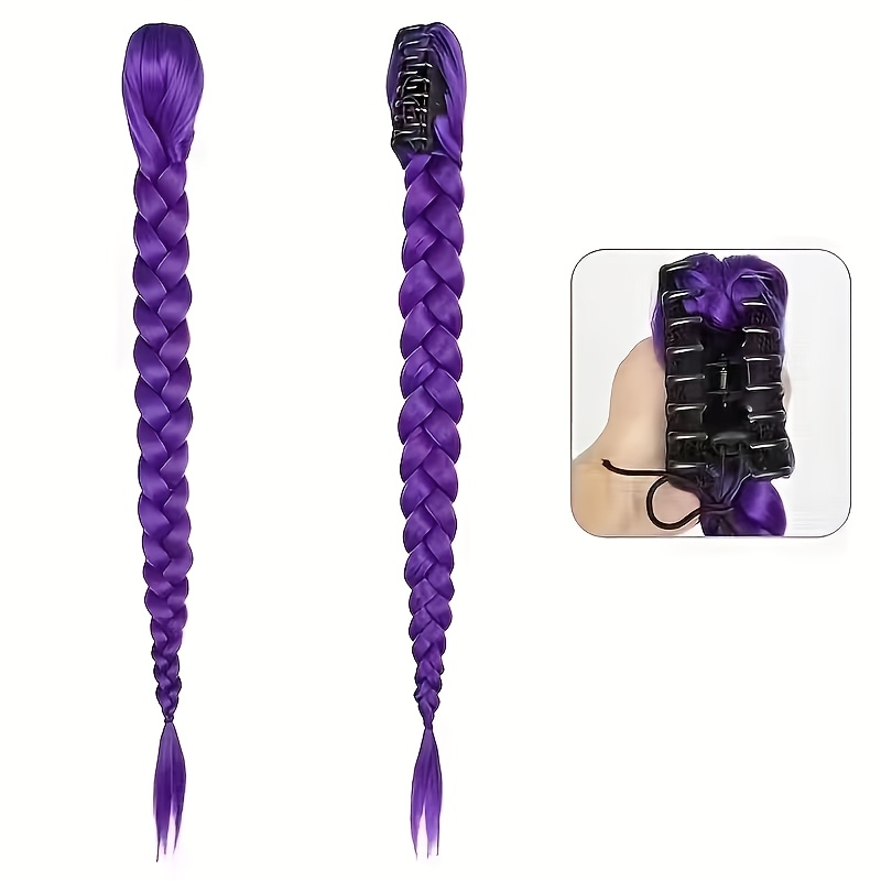 TEMU Kpop Anime Karakter Paarse Lange Haar Viskop Vlecht Haarclip Paardenstaart Synthetische Pruik | Hoge Temperatuur , Krullend Golvend, Koreaanse
