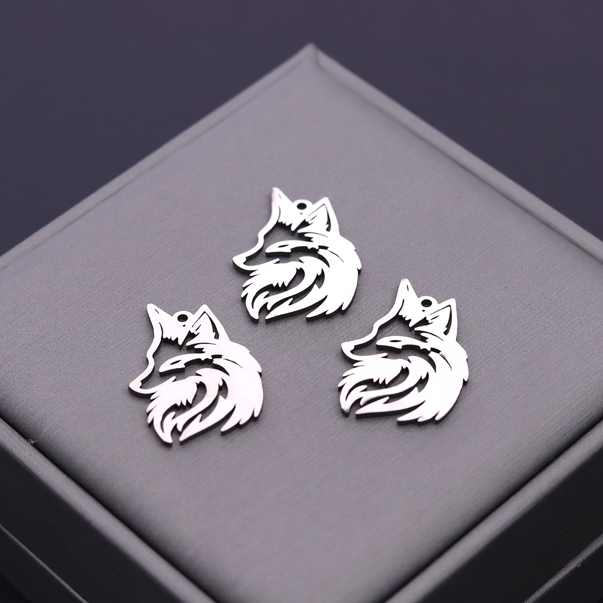 TEMU 3 pièces/lot Breloques pendentifs en acier inoxydable tête de renard punk animal pour fabrication de bijoux collier porte-clés accessoires