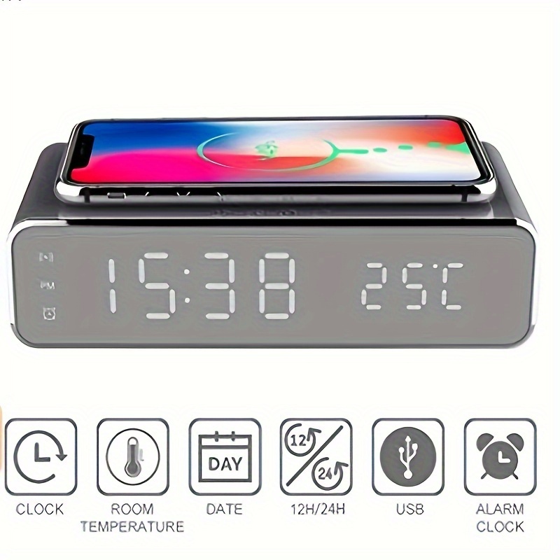 

Wireless Charger With Led Alarm Clock And Thermometer Three-in-one Stylish Control Design Is Suitable For Home Or Office Use.