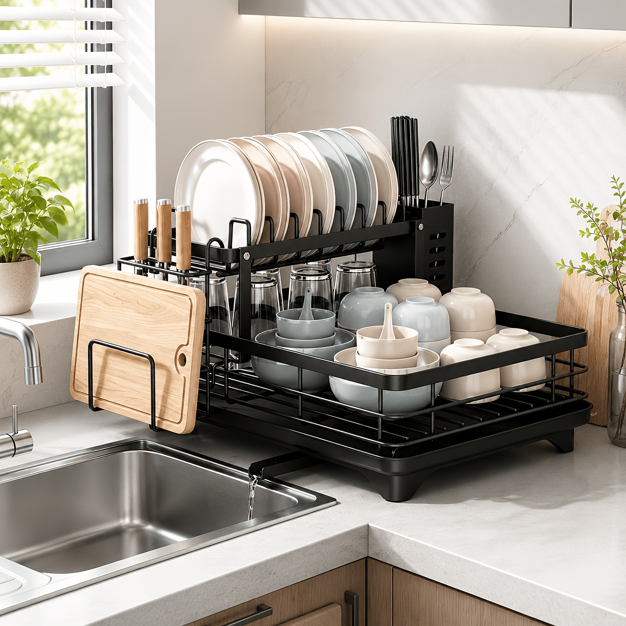 Image of One-and-a-half-tier Dish Drying Rack With Draining Board, 360° Rotating Water Outlet, Large-capacity Kitchen Countertop Utensil Organizer With Utensil And Cutting Board Holders ()