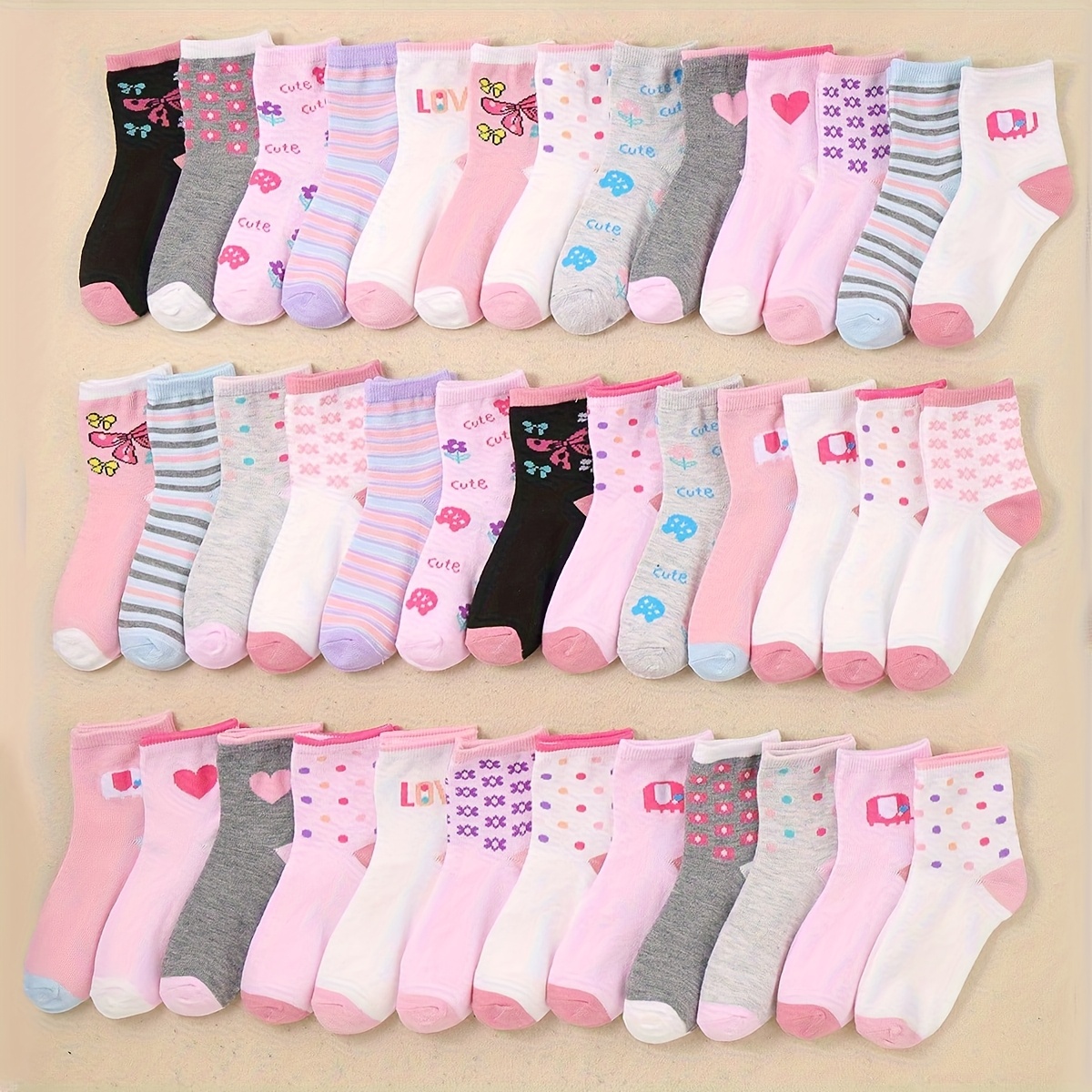10-pair Girls' Autumn/winter Cartoon And Heart Pattern Mid-calf Casual Socks