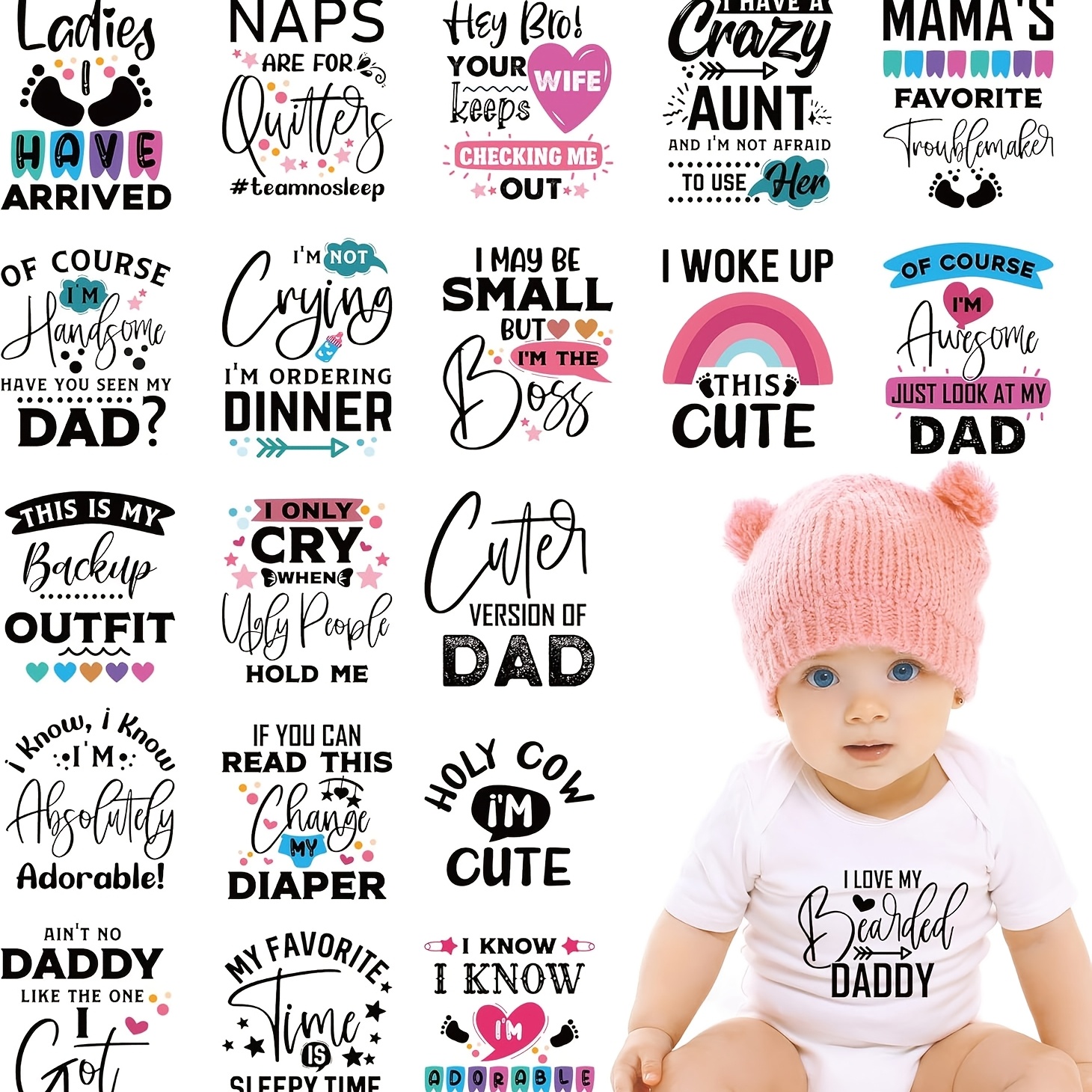 TEMU Fun Iron-on Transfers, 20pcs Onesie Decoration Kit For Showers, Fun Heat Transfer Stickers, Iron-on Appliques Suitable For T-shirts, Hoodies,