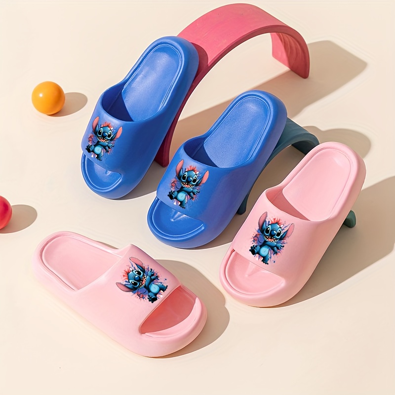 Disney Stitch Cartoon EVA Slides for Youngsters & Youngsters - Thick Sole Comfort Beach & Bathroom Slippers, Easy Slip-On Indoor/Outdoor Shoes for Family Fun, All-Season Use, Indoor Slippers, Playful Footwear, Durable Footwear