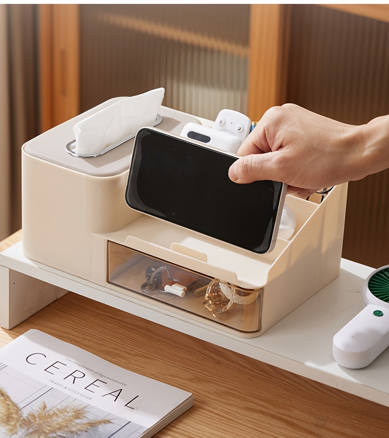 1pc desktop multifunctional tissue storage box mobile phone holder cosmetic storage rack pen glasses remote control holder drawer   counter storage rack bedroom living room organizer grid classification storage box Product details 4