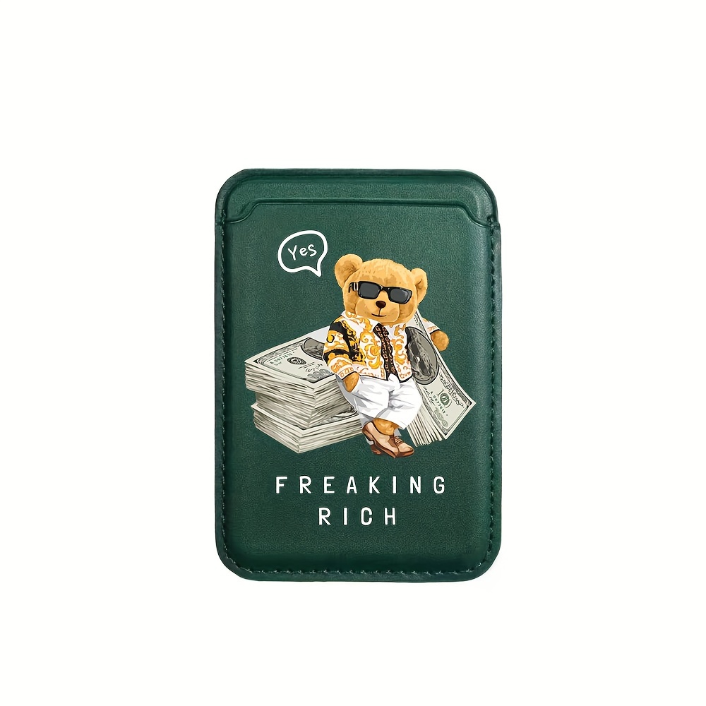 Bear Rich Money Dollar PU Leather Magnetic Card Wallet Holder with iPhone 15 / 14 / 13 / 12 Series Phone Bag Cover Adsorption Accessories