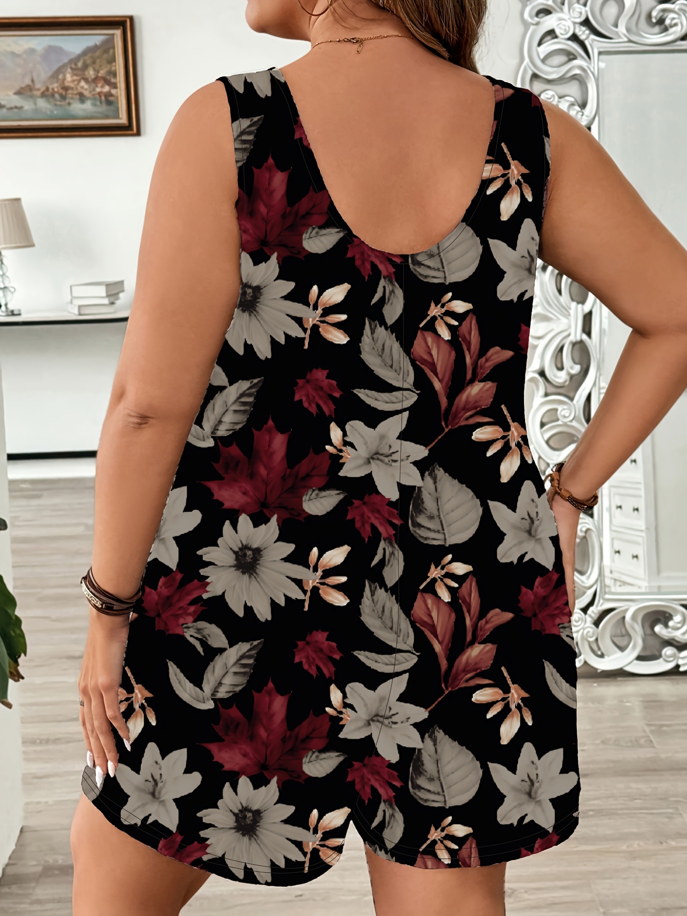 Women'S Plus Size Floral Print Sleeveless Knit Jumpsuit - Gray, Black & White Flower Design, Round Neck, Backless with Pockets, Perfect for Summer Vacations, Casual Outings Attire | Floral Print Jumpsuit | Knit Constructio