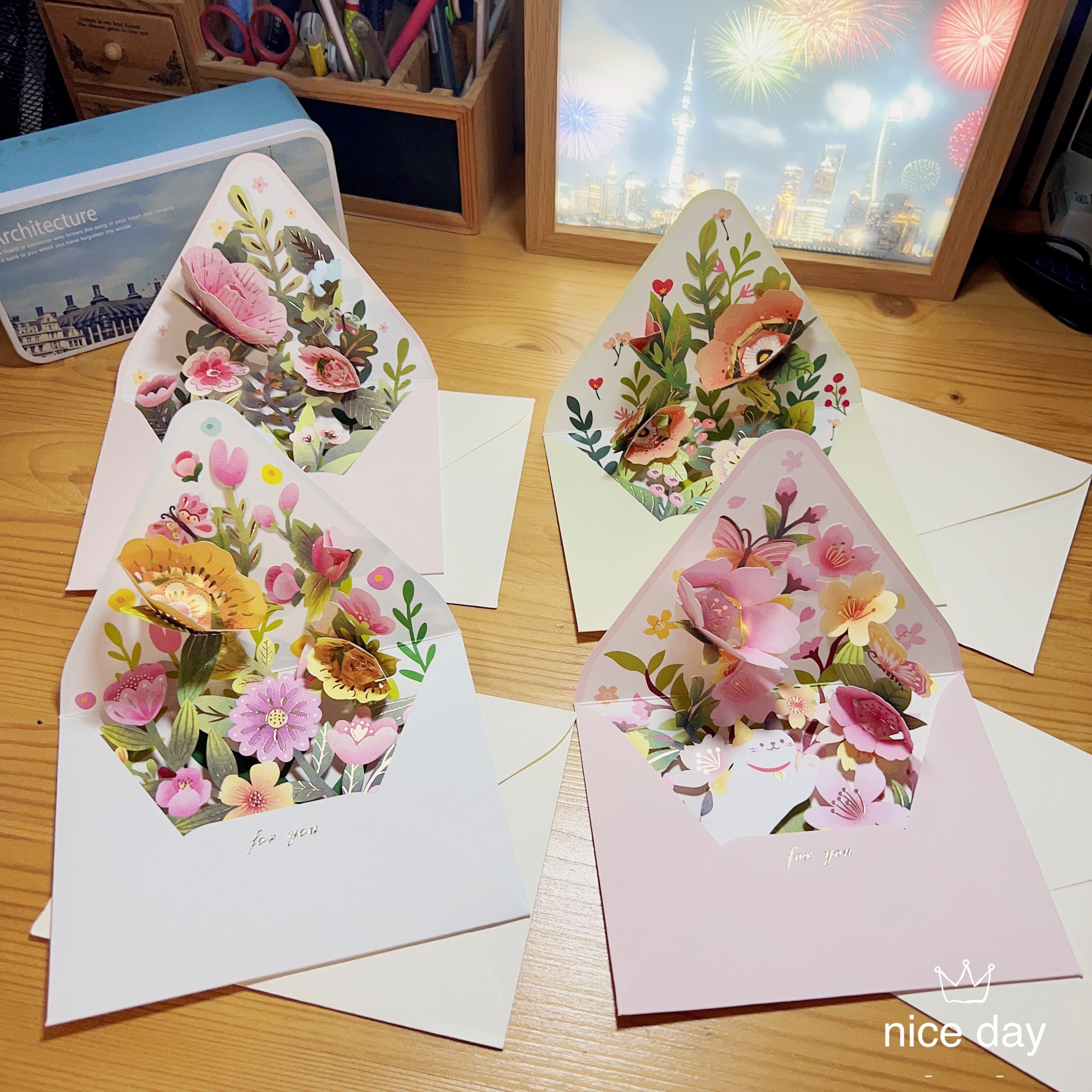

4-piece 3d Pop-up Flower Greeting Cards With Envelopes & Labels - Perfect For Birthdays, Anniversaries, Thanksgiving, Mother's Day, Father's Day & All Occasions