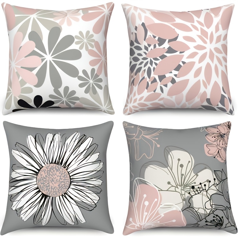 TEMU 4pcs Ktka Pink And Gray Floral Pillowcase. Pink And Gray Floral Pattern, , A Soft Atmosphere, Suitable For Decorating. Pillowcase, Pillow Insert