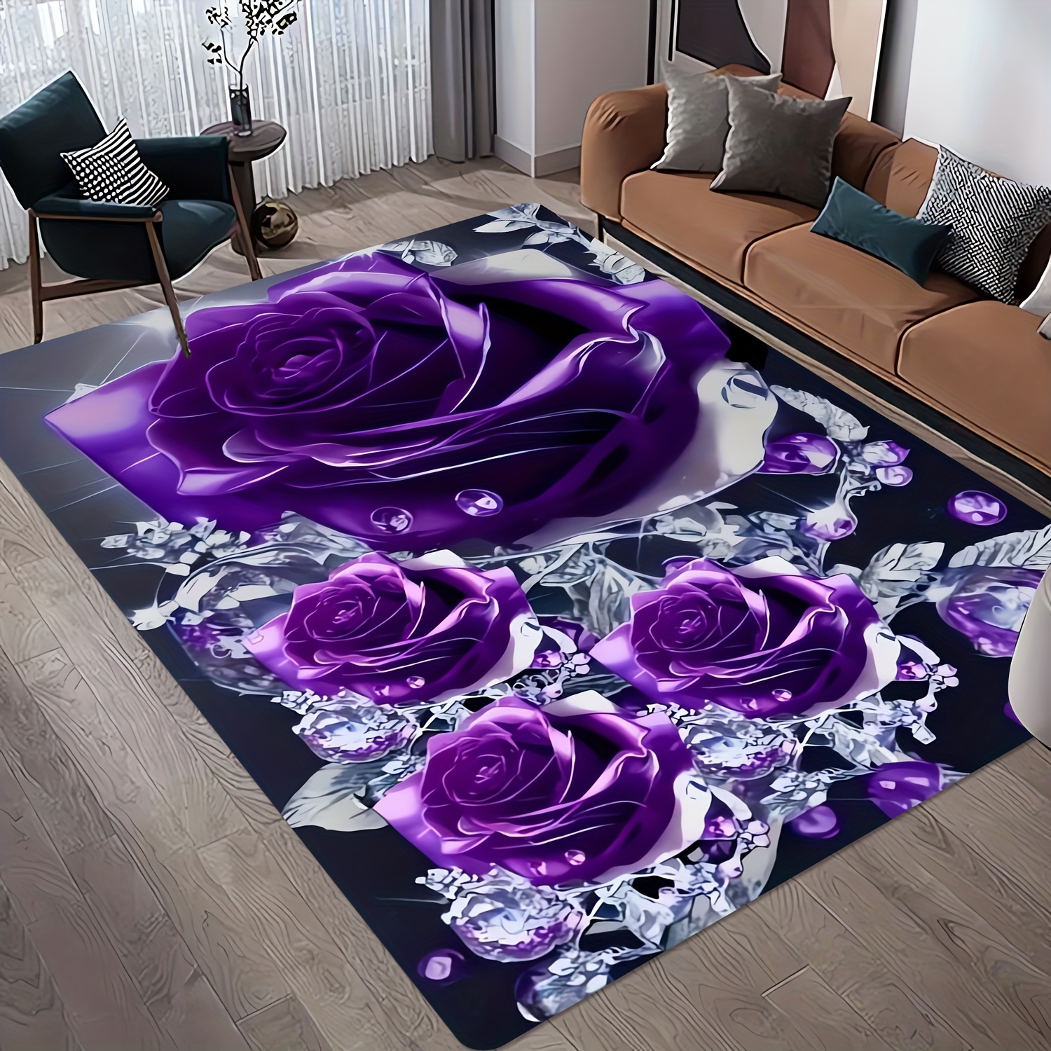 TEMU A Design Pattern Of Elegant Purple Roses For A Living Room Area Rug, Soft And Comfortable, Suitable For , Game Rooms, Living Rooms, Studies, And