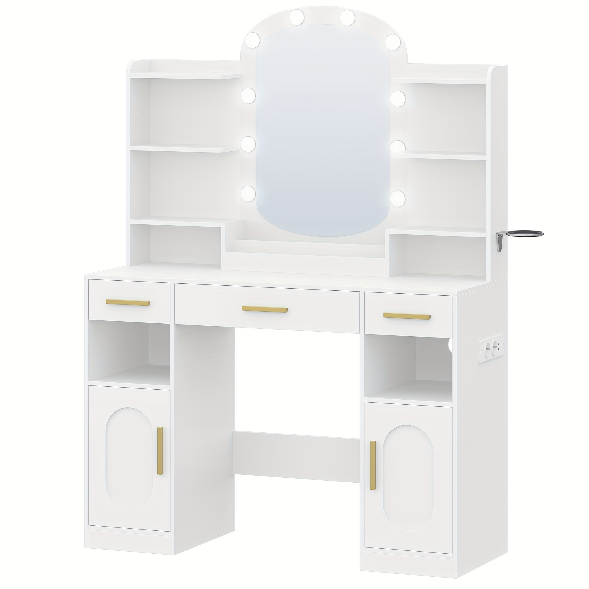 Dressing Table With Oval Mirror, Dressing Table, Hairdryer Holder, Dressing Table With 3 Drawers, 2 Storage Cabinets And Open Compartments White