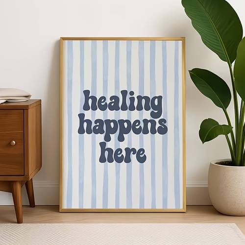poza articolului plat 2d, 1 buc, fără ramă, plat 2d, vindecarea are loc aici decor de perete cu inspirational vintage cu dungi albastre, imprimare cu motivational, decor de casă confortabil și neutru, pictură distractivă pe pânză pentru peretelui, potrivită pentru restaurante, hoteluri