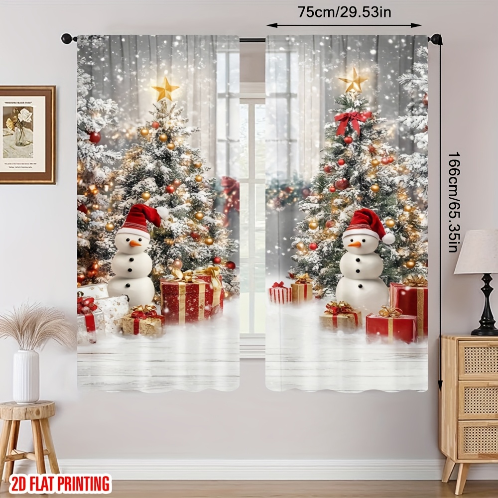 TEMU 2d Flat, 2d Flat Printing 2pcs Christmas Curtains Winter Christmas Snowman Christmas Tree Snowflake Suitable For Bedroom Living Room Dining Room