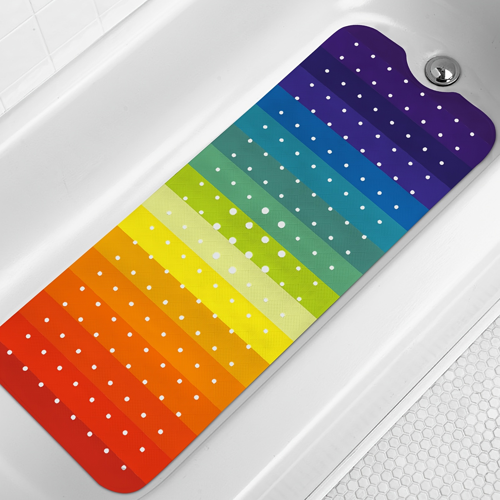 TEMU Rainbow Bathtub Mat, 40 X 16 Inch Tub Mat For Bathroom, Modern Abstract Bath Tub Shower Mat With Drain Holes And Suction Cups