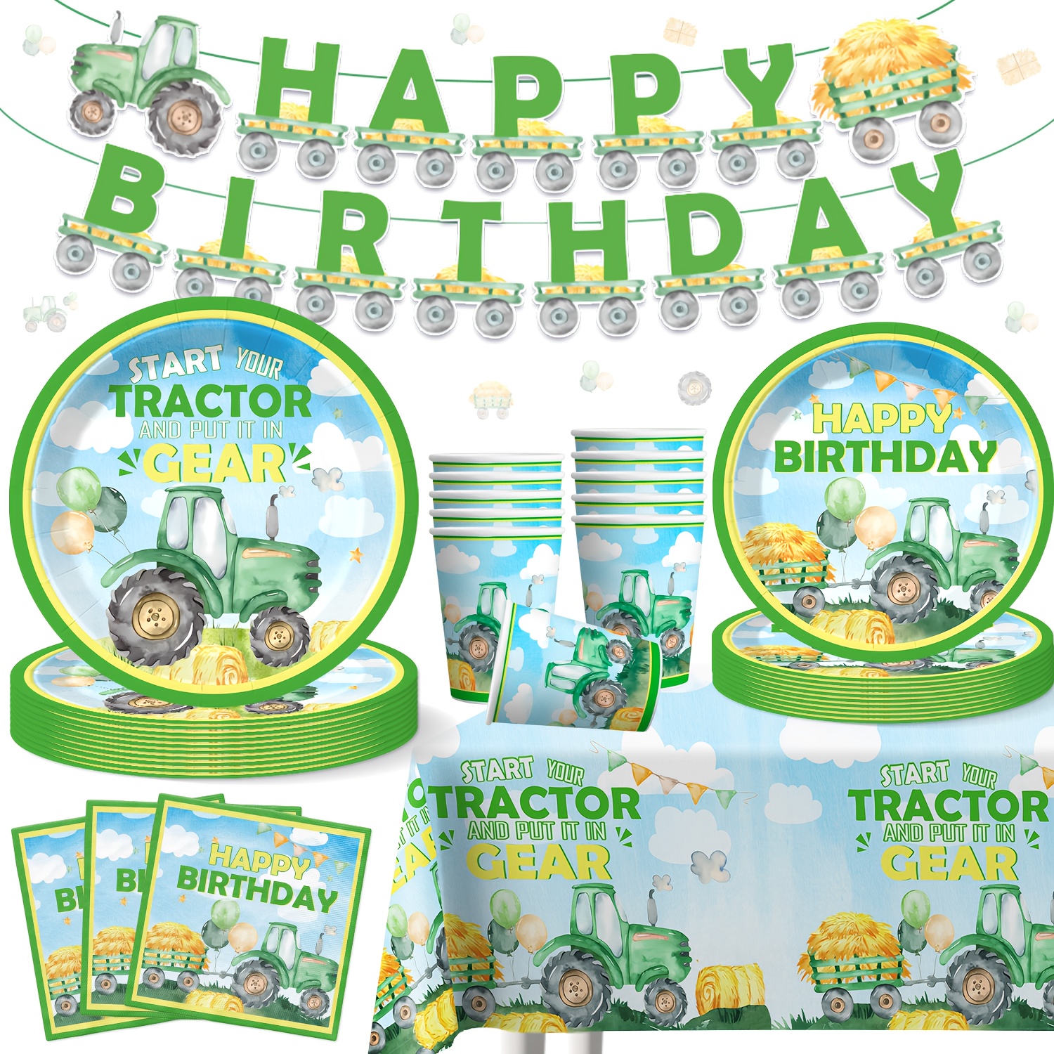   Tractor Birthday Party Supplies Set with Farm Theme - Complete Party Decorations with Plates, Napkins, Cups, Banner, Tablecloth - Green &   Decorations with Happy Birthday Banner, Balloon-Ready for Boys Girls Tractor Birthday Party Decorations - Easy Setup &   - Ideal for Tractor-Themed Birthday Party Decorations for  